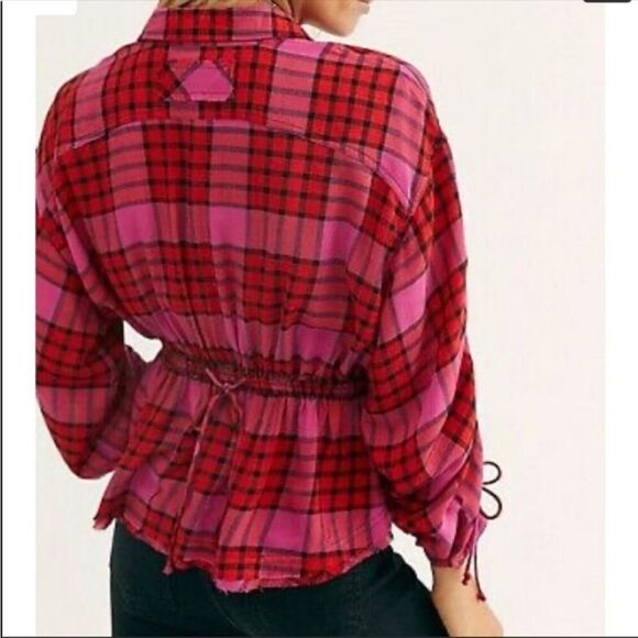 FREE PEOPLE | Pacific Dawn Red Pink Black Cinched Plaid Flannel Top Women’s S - Picture 3 of 11